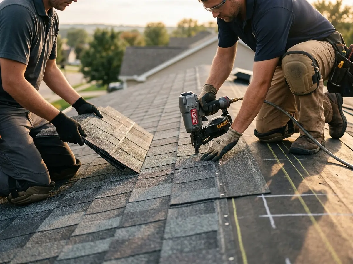 Professional roofer working on a residential roof in Ione